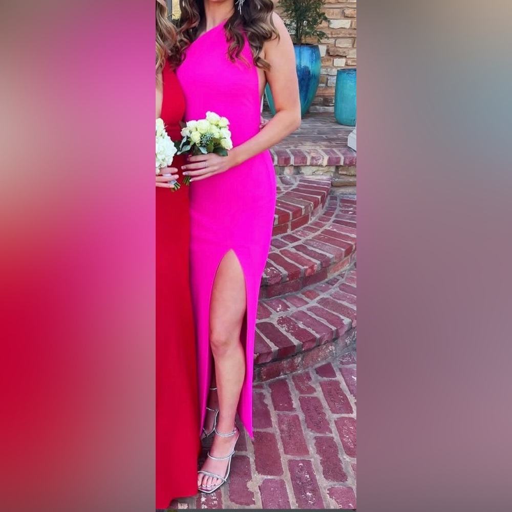 Solace London One-Shoulder Fuchsia Maxi Dress with Thigh Slit